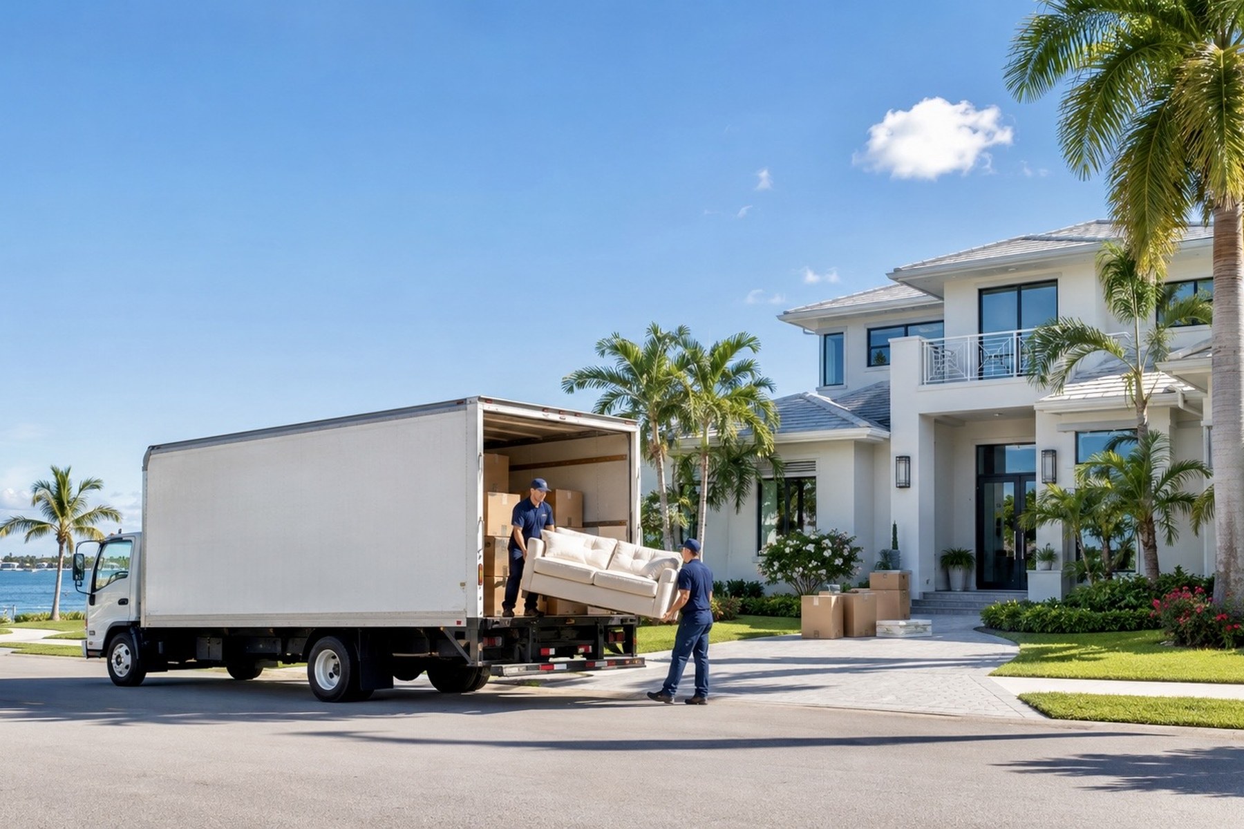 EasyMove SWFL Express moving truck unloading at a Tampa Bay waterfront home