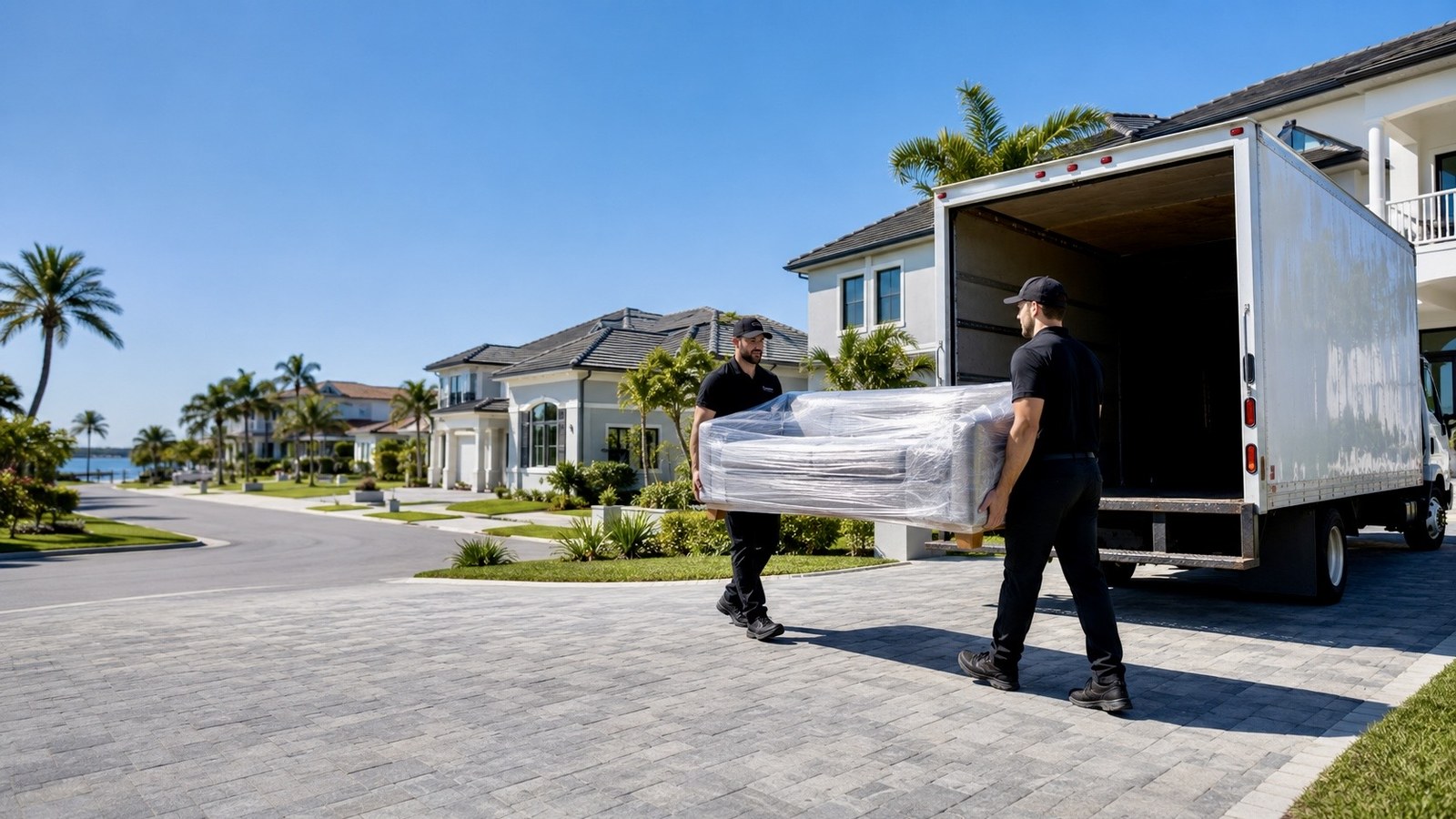 EasyMove SWFL Express movers carrying wrapped furniture in a Tampa Bay waterfront neighborhood