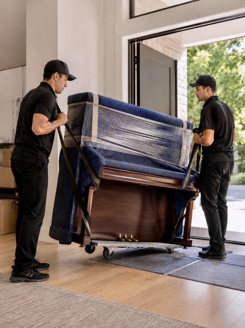 Two EasyMove movers transporting a wrapped piano on a dolly
