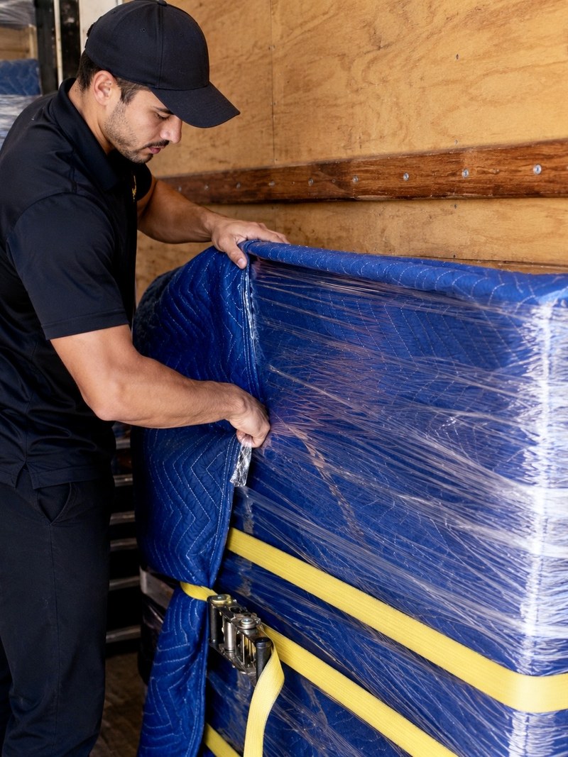EasyMove mover securing furniture with moving pads and yellow ratchet straps