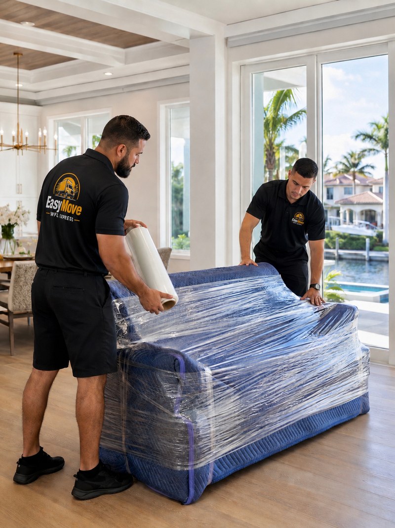 EasyMove SWFL Express team wrapping a couch in a waterfront home